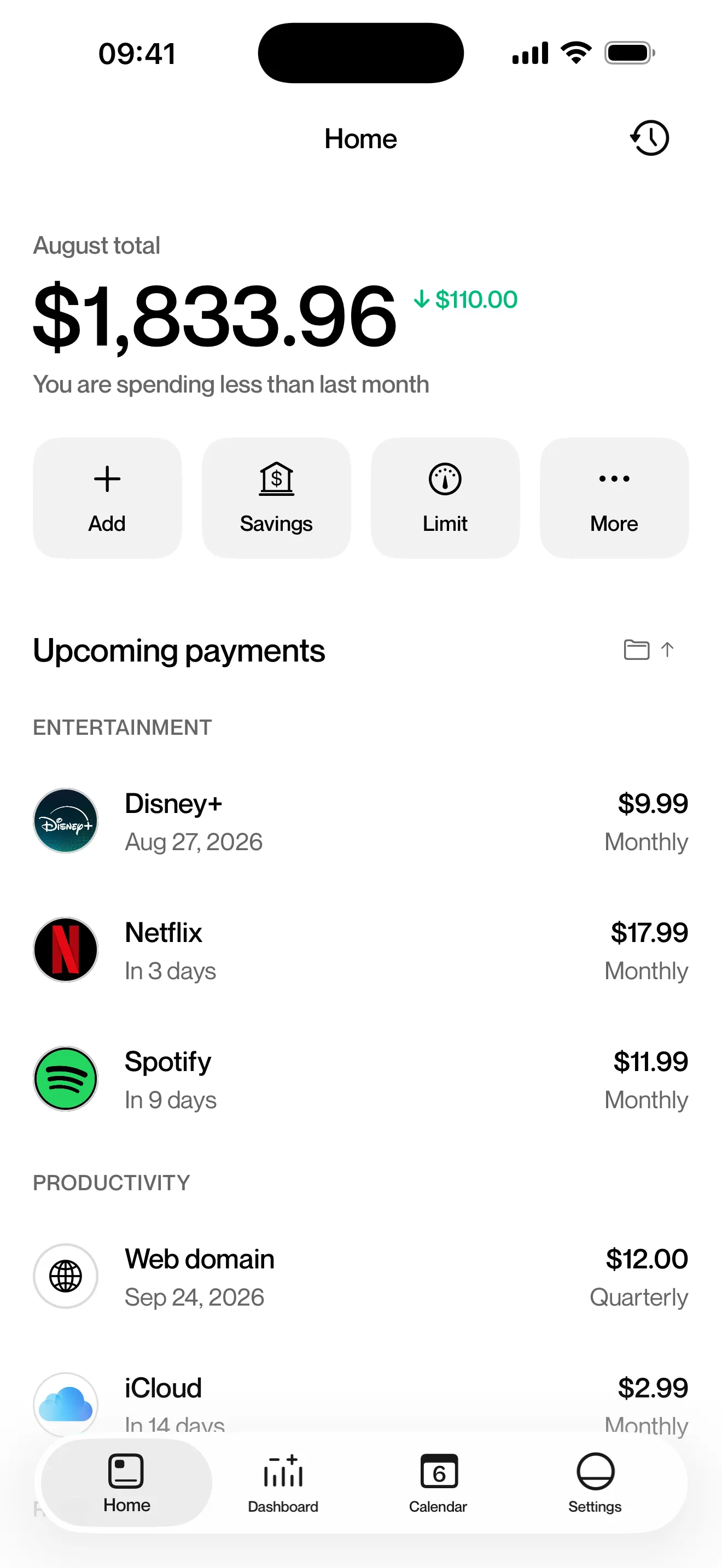 Kelo's home screen on an iPhone: the August total, $1,833.96, and the upcoming payments list with Disney+, Netflix and Spotify