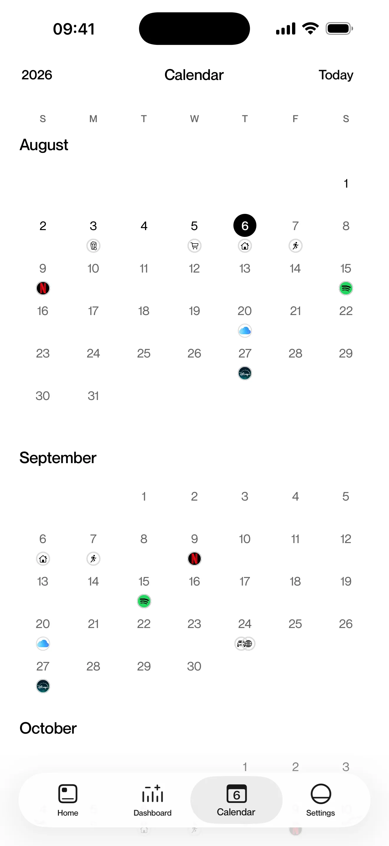 Kelo's calendar on an iPhone: August and September, with each charge marked on the day it lands